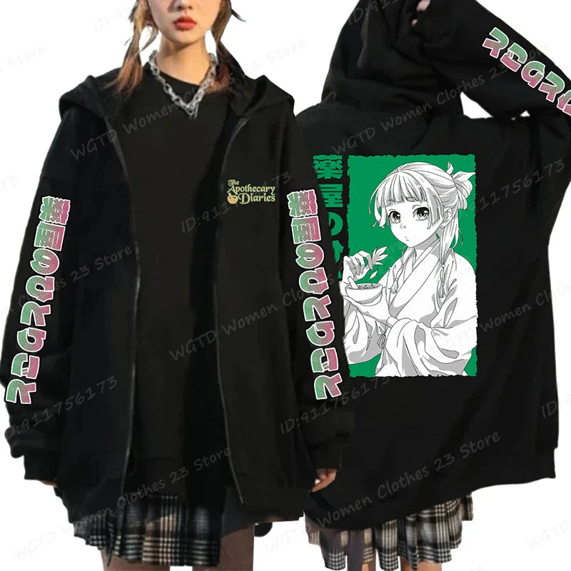 Funny The Apothecary Diaries Print Hoodies Men Women Casual Harajuku Zipper Hooded Pullovers Coat Anime Streetwear Sweatshirt