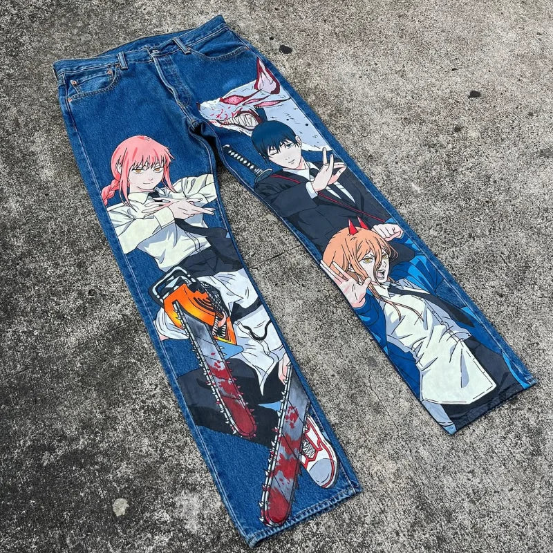 Cartoon Print Jeans: Harajuku Wide Leg Denim Pants