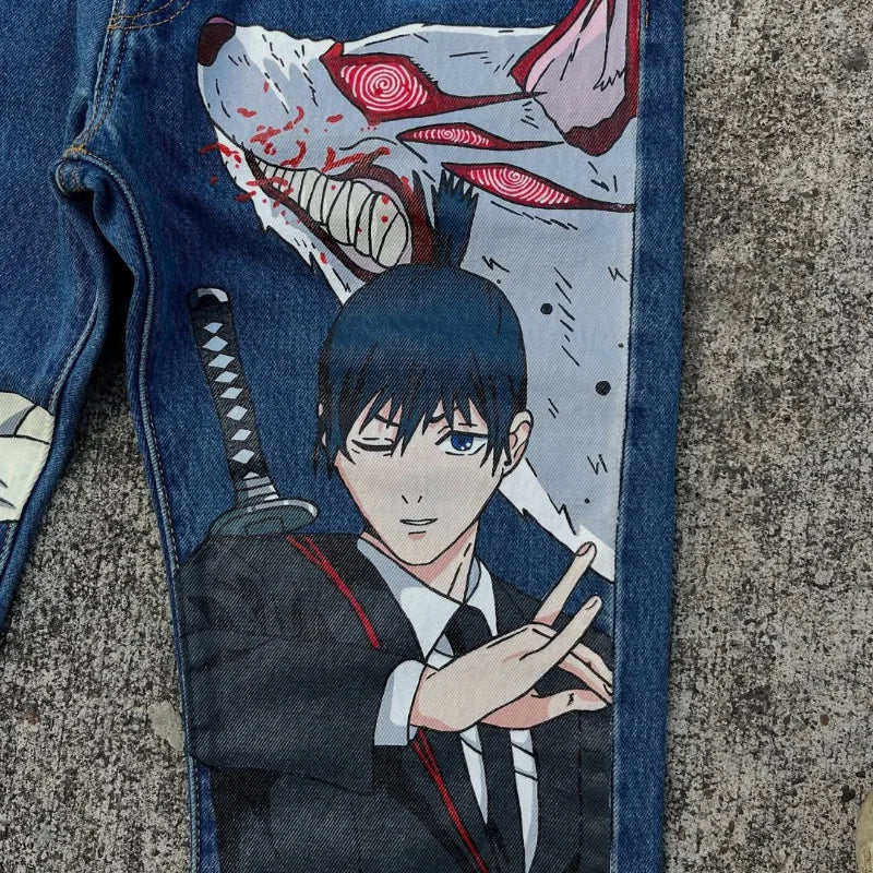 Cartoon Print Jeans: Harajuku Wide Leg Denim Pants