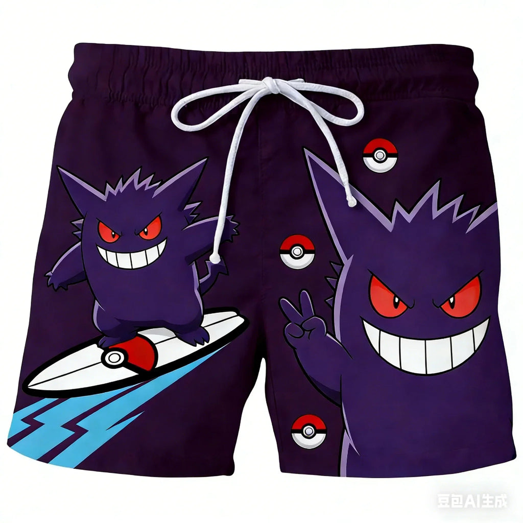 Pokemon Anime Beach Shorts for Men – 3D Printed Summer Trunks