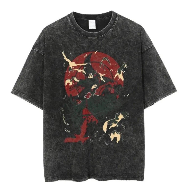 Uchiha Sasuke T-shirt: Retro Washed Oversized Anime Tee
