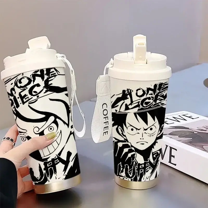 One Piece Thermos Cup: 520ML Luffy & Zoro Anime Straw Mug