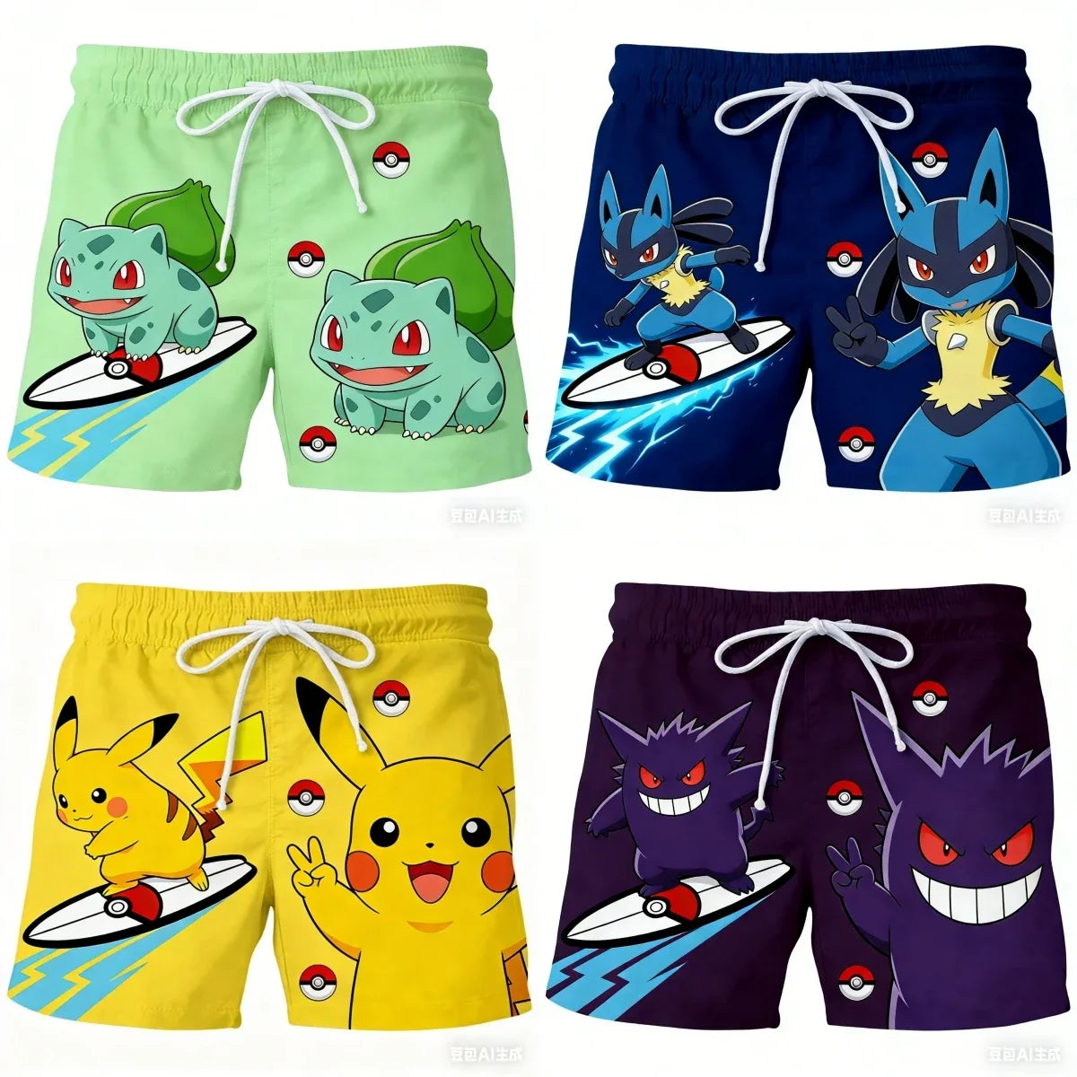 Pokemon Anime Beach Shorts for Men – 3D Printed Summer Trunks