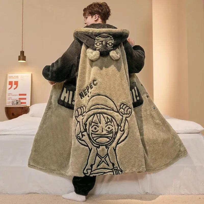 One Piece Luffy Bathrobe: Winter Coral Fleece Pajama Set