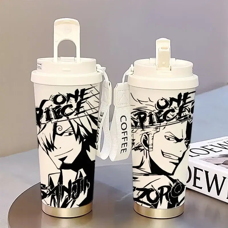 One Piece Thermos Cup: 520ML Luffy & Zoro Anime Straw Mug