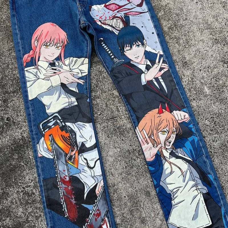 Cartoon Print Jeans: Harajuku Wide Leg Denim Pants