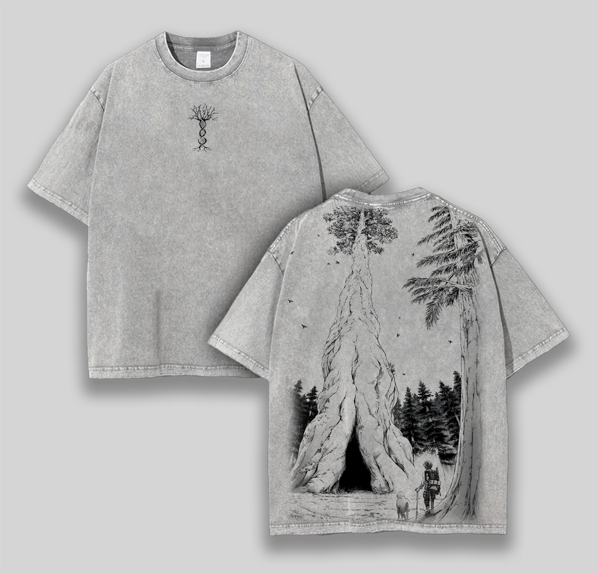 The Founding Tree x Attack On Titan Anime Double Printed Men's Vintage Tees Oversized Washed Tee