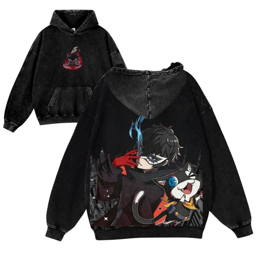 Anime Phantom Thief Hoodie Oversized | Dark Anime Character Cat Graphic Washed Black Streetwear Hoodie Unisex'TTT'