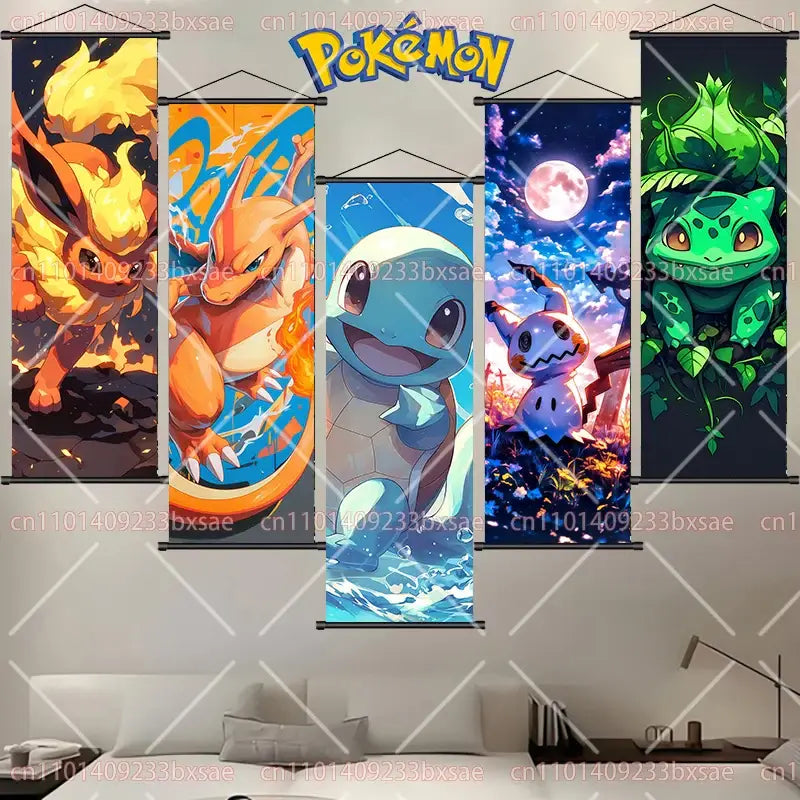 Pokemon Pikachu Eevee Charizard Scroll Painting – Wall Decor